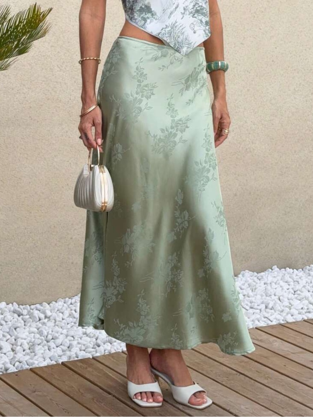 Satin Floral A-Line Maxi Skirt - Sage Green